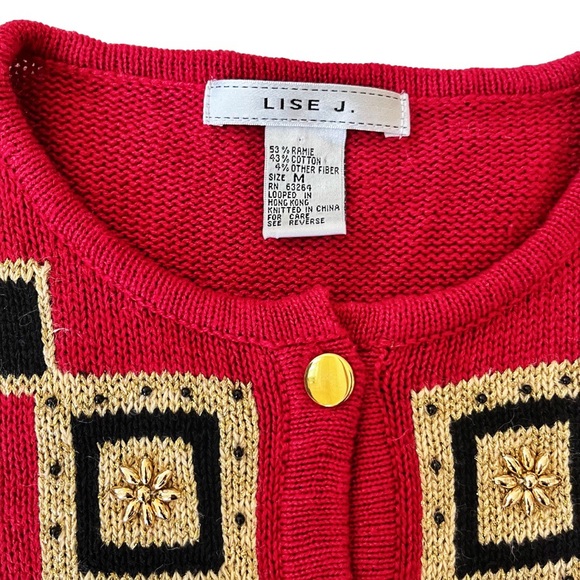 Vintage 90s Red, Black and Gold Geometric Lise J Holiday Style Cardigan Medium - Picture 5 of 6